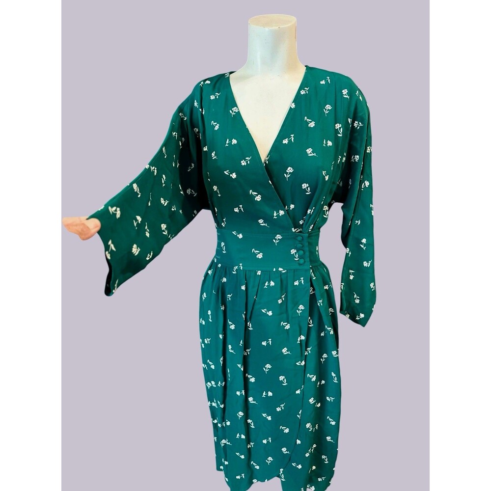 Vintage 80's Karin Stevens‎ Dress Size 8 Green Floral Cottagecore Retro Prairie